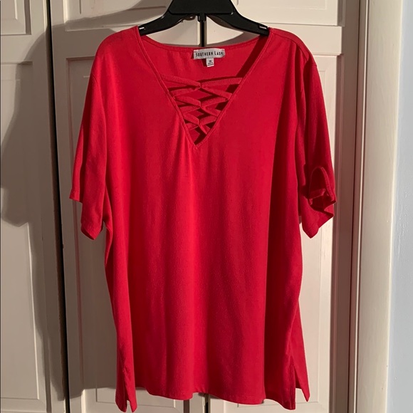 Southern Lady Tops - Southern Lady Pink Lace-Up V-Neck Short Sleeve Top